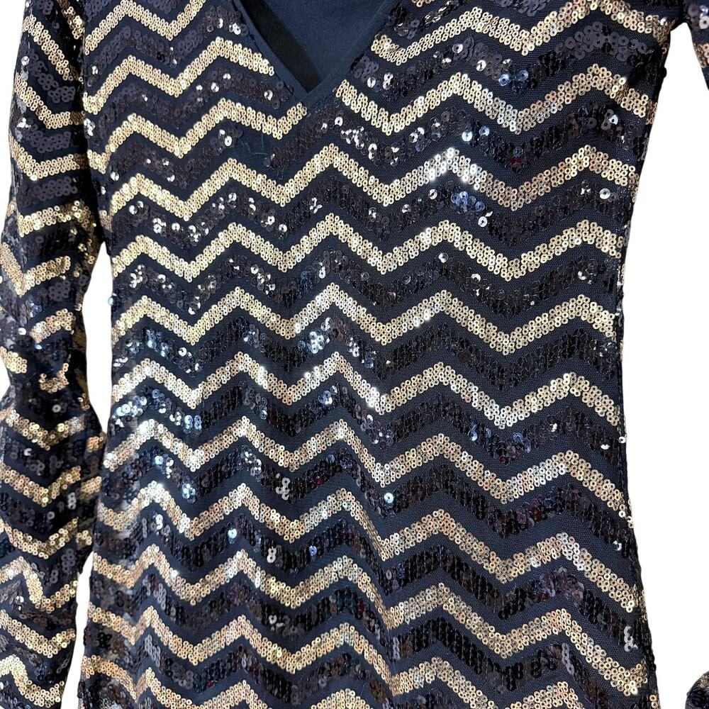 Sexy Black Gold Sequin Long Sleeve Dress 2 Party Holiday NYE Cocktail Coquette - Picture 4 of 8